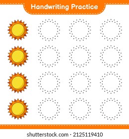 Handwriting practice. Tracing lines of Sun. Educational children game, printable worksheet, vector illustration