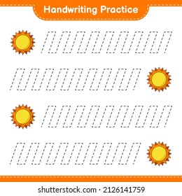 Handwriting practice. Tracing lines of Sun. Educational children game, printable worksheet, vector illustration