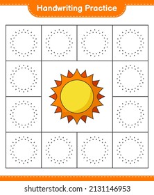 Handwriting practice. Tracing lines of Sun. Educational children game, printable worksheet, vector illustration