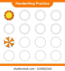 Handwriting practice. Tracing lines of Sun and Umbrella. Educational children game, printable worksheet, vector illustration