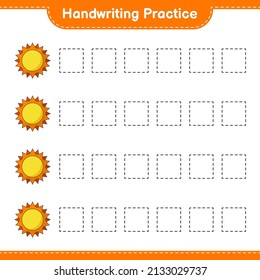 Práctica de escritura a mano. Líneas de seguimiento de Sun. Juego educativo infantil, hoja de cálculo imprimible, ilustración vectorial