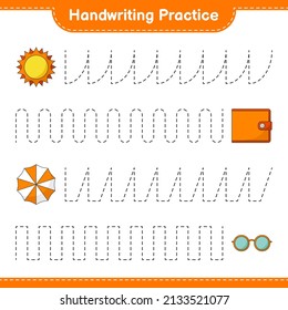 Handwriting practice. Tracing lines of Sun, Umbrella, Wallet, and Sunglasses. Educational children game, printable worksheet, vector illustration
