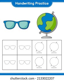 Handwriting practice. Tracing lines of Sunglasses and Globe. Educational children game, printable worksheet, vector illustration