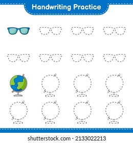 Handwriting practice. Tracing lines of Sunglasses and Globe. Educational children game, printable worksheet, vector illustration