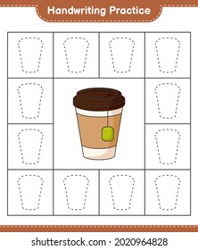 Práctica de escritura a mano. Rastreo de la Tea Cup. Juego infantil educativo, hoja de cálculo imprimible, ilustración vectorial
