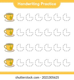 Práctica de escritura a mano. Rastreo de la Tea Cup. Juego infantil educativo, hoja de cálculo imprimible, ilustración vectorial