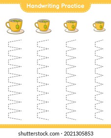 Práctica de escritura a mano. Rastreo de la Tea Cup. Juego infantil educativo, hoja de cálculo imprimible, ilustración vectorial