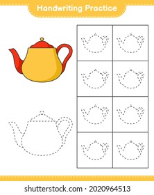 Práctica de escritura a mano. Rastreo de las líneas de Tetera. Juego infantil educativo, hoja de cálculo imprimible, ilustración vectorial