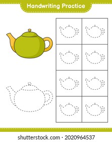 Práctica de escritura a mano. Rastreo de las líneas de Tetera. Juego infantil educativo, hoja de cálculo imprimible, ilustración vectorial