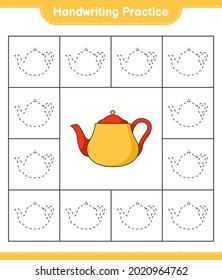 Handwriting practice. Tracing lines of Teapot. Educational children game, printable worksheet, vector illustration