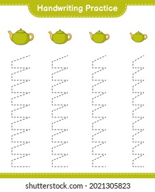 Práctica de escritura a mano. Rastreo de las líneas de Tetera. Juego infantil educativo, hoja de cálculo imprimible, ilustración vectorial