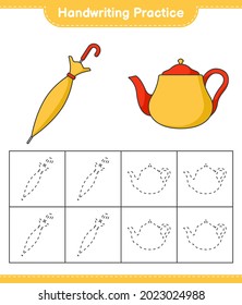 Handwriting practice. Tracing lines of Teapot and Umbrella. Educational children game, printable worksheet, vector illustration
