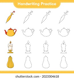 Handwriting practice. Tracing lines of Teapot, Candle, Butternut Squash, and Umbrella. Educational children game, printable worksheet, vector illustration