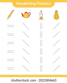 Handwriting practice. Tracing lines of Teapot, Candle, Butternut Squash, and Umbrella. Educational children game, printable worksheet, vector illustration