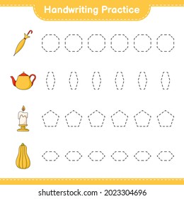 Práctica de escritura a mano. Trazado de Tetera, Vela, Cuenca de Mariscos y Paraguas. Juego infantil educativo, hoja de cálculo imprimible, ilustración vectorial
