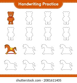 Handwriting practice. Tracing lines of Teddy Bear and Rocking Horse. Educational children game, printable worksheet, vector illustration