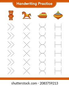 Práctica de escritura a mano. Líneas de seguimiento de Oso de Teddy, Caballo de Roca, Barco y Juguete de Remolino. Juego infantil educativo