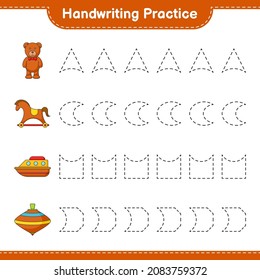 Handwriting practice. Tracing lines of Teddy Bear, Rocking Horse, Boat, and Whirligig Toy. Educational children game