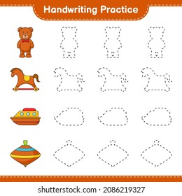 Práctica de escritura a mano. Líneas de seguimiento de Oso de Teddy, Caballo de Roca, Barco y Juguete de Remolino. Juego infantil educativo