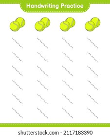 Práctica de escritura a mano. Rastreo de líneas de la pelota de tenis. Juego infantil educativo, hoja de cálculo imprimible, ilustración vectorial