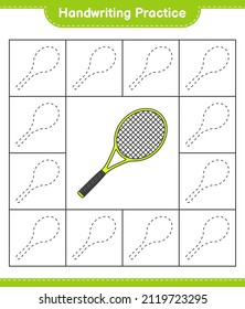Handwriting practice. Tracing lines of Tennis Racket. Educational children game, printable worksheet, vector illustration