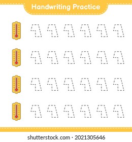 Práctica de escritura a mano. Trazando líneas del termómetro. Juego infantil educativo, hoja de cálculo imprimible, ilustración vectorial