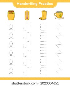 Handwriting practice. Tracing lines of Thermometer, Rubber Boots, Teacup, and Jam. Educational children game, printable worksheet, vector illustration