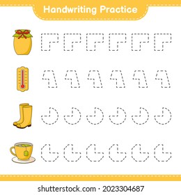 Handwriting practice. Tracing lines of Thermometer, Rubber Boots, Teacup, and Jam. Educational children game, printable worksheet, vector illustration