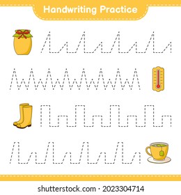 Handwriting practice. Tracing lines of Thermometer, Rubber Boots, Teacup, and Jam. Educational children game, printable worksheet, vector illustration