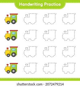 Práctica de escritura a mano. Rastreo de líneas de tren. Juego infantil educativo, hoja de cálculo imprimible, ilustración vectorial