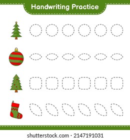 Handwriting practice. Tracing lines of Tree, Christmas Ball, and Christmas Sock. Educational children game, printable worksheet, vector illustration