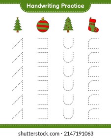 Handwriting practice. Tracing lines of Tree, Christmas Ball, and Christmas Sock. Educational children game, printable worksheet, vector illustration