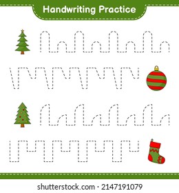Handwriting practice. Tracing lines of Tree, Christmas Ball, and Christmas Sock. Educational children game, printable worksheet, vector illustration