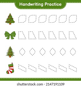 Handwriting practice. Tracing lines of Tree, Ribbon, and Christmas Sock. Educational children game, printable worksheet, vector illustration