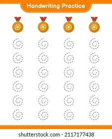 Práctica de escritura a mano. Rastreo de líneas de trofeo. Juego infantil educativo, hoja de cálculo imprimible, ilustración vectorial