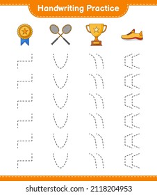 Handwriting practice. Tracing lines of Trophy, Running Shoes, and Badminton Rackets. Educational children game, printable worksheet, vector illustration