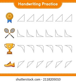 Handwriting practice. Tracing lines of Trophy, Running Shoes, and Badminton Rackets. Educational children game, printable worksheet, vector illustration