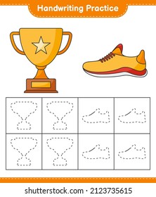 Handschriftübungen. Trainingslinien der Trophy und Running Shoes. Kinderspiel, druckbares Arbeitsblatt, Vektorgrafik