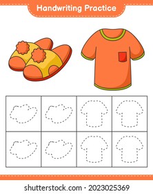 Práctica de escritura a mano. Rastreo de líneas de camiseta y zapatillas. Juego infantil educativo, hoja de cálculo imprimible, ilustración vectorial