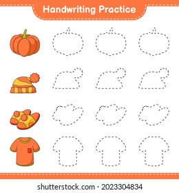 Handwriting practice. Tracing lines of Tshirt, Slippers, Pumpkin, and Hat. Educational children game, printable worksheet, vector illustration
