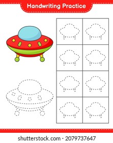 Práctica de escritura a mano. Rastreo de líneas de Ufo. Juego infantil educativo, hoja de cálculo imprimible, ilustración vectorial