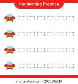 Práctica de escritura a mano. Rastreo de líneas de Ufo. Juego infantil educativo, hoja de cálculo imprimible, ilustración vectorial