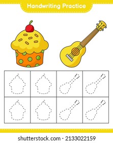Handwriting practice. Tracing lines of Ukulele and Cup Cake. Educational children game, printable worksheet, vector illustration