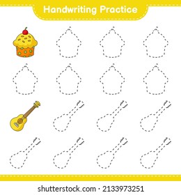 Práctica de escritura a mano. Trazando líneas de Ukulele y Copa Cake. Juego infantil educativo, hoja de cálculo imprimible, ilustración vectorial