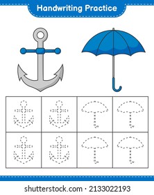 Handschriftübungen. Trainingslinien von Umbrella und Anchor. Kinderspiel, druckbares Arbeitsblatt, Vektorgrafik
