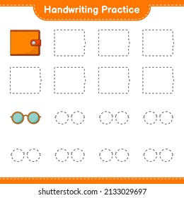Práctica de escritura a mano. Rastreo de líneas de cartera y gafas de sol. Juego infantil educativo, hoja de cálculo imprimible, ilustración vectorial