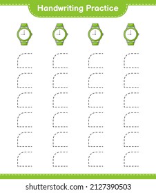 Práctica de escritura a mano. Rastreo de líneas de relojes. Juego infantil educativo, hoja de cálculo imprimible, ilustración vectorial