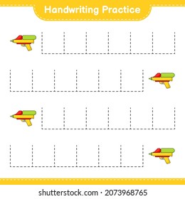 Práctica de escritura a mano. Rastreo de líneas de la pistola de agua. Juego infantil educativo, hoja de cálculo imprimible, ilustración vectorial