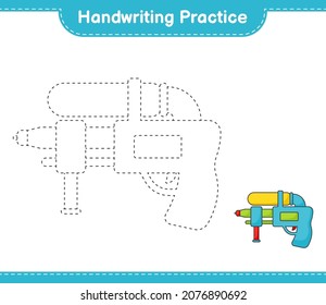 Handschriftübungen. Entdeckungslinien der Wasserwaffe. Kinderspiel, druckbares Arbeitsblatt, Vektorgrafik