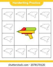 Práctica de escritura a mano. Rastreo de líneas de la pistola de agua. Juego infantil educativo, hoja de cálculo imprimible, ilustración vectorial